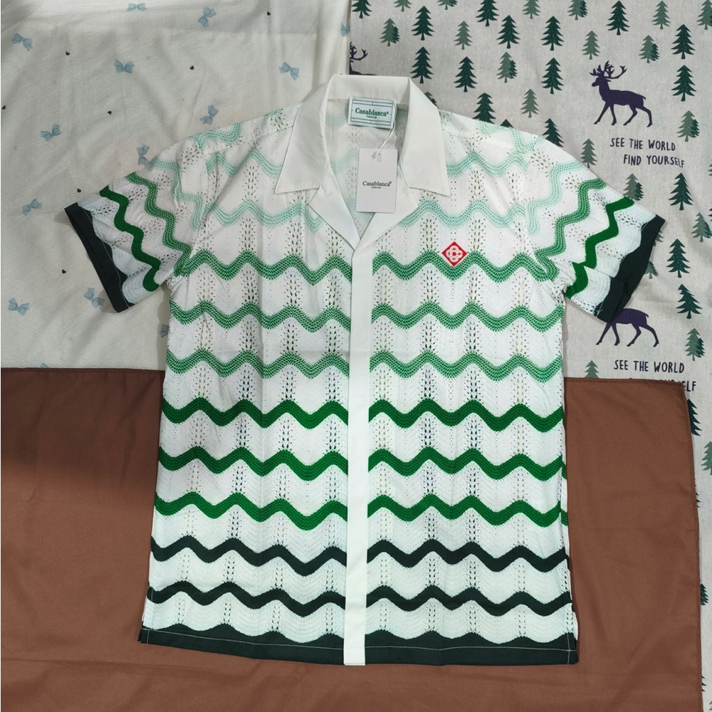 Casablanca White & Green Wave Knit Short-Sleeve Button-Down Shirt
